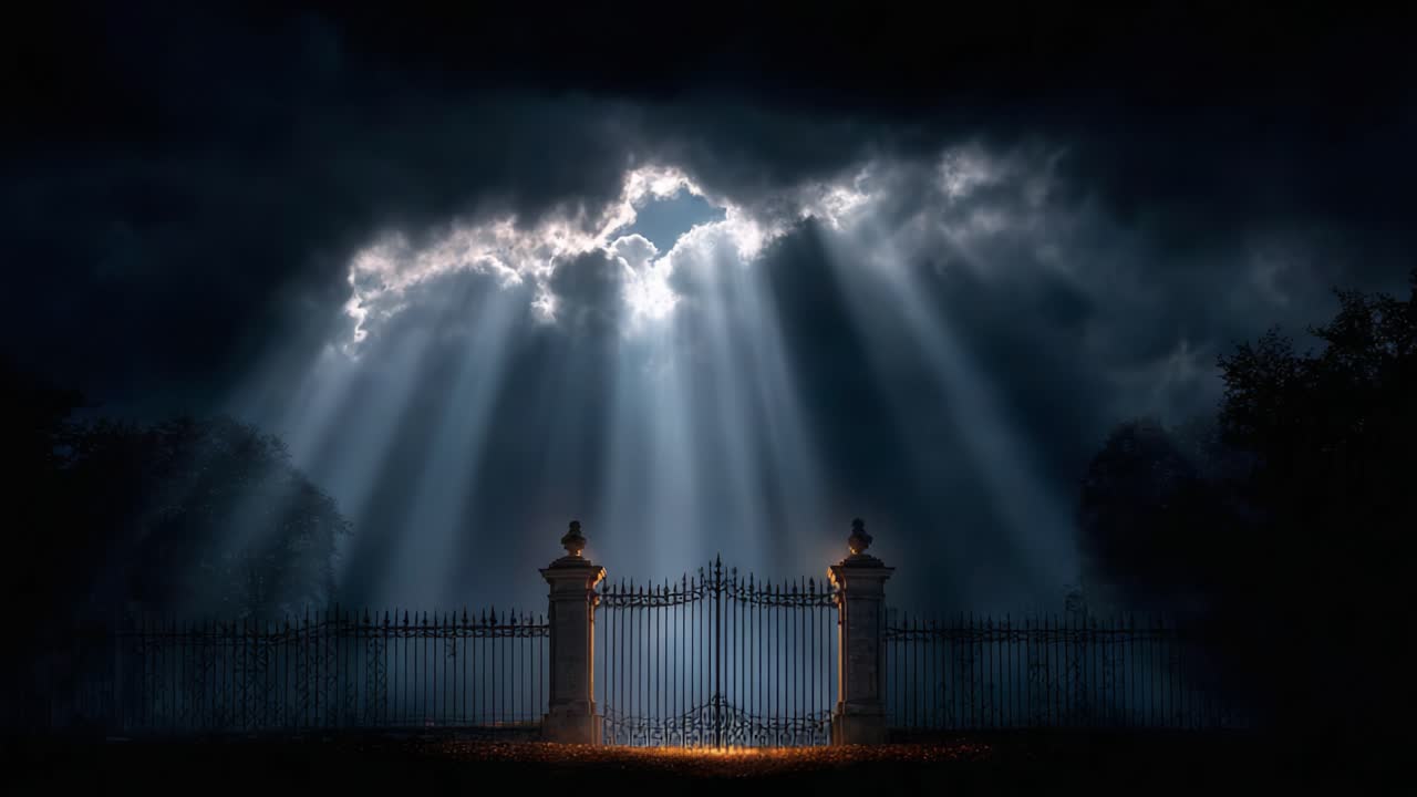 Mysterious Entrance to the Unknown: A Captivating View of an Enigmatic Gate Illuminated by Ethereal Light Beneath Dramatic Clouds at Dusk