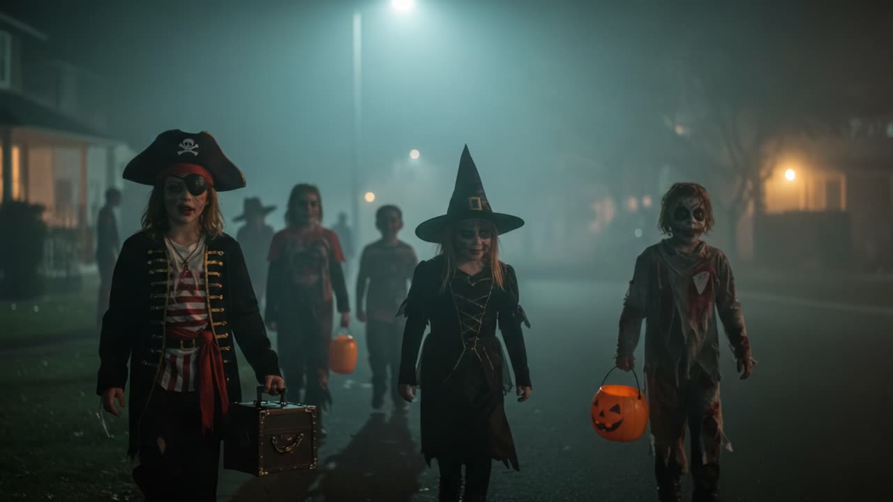 A Group of Young Trick-or-Treaters Dressed in Creative Halloween Costumes Strolls Through a Spooky, Fog-Laden Neighborhood, Perfectly Capturing the Spirit of Halloween Night