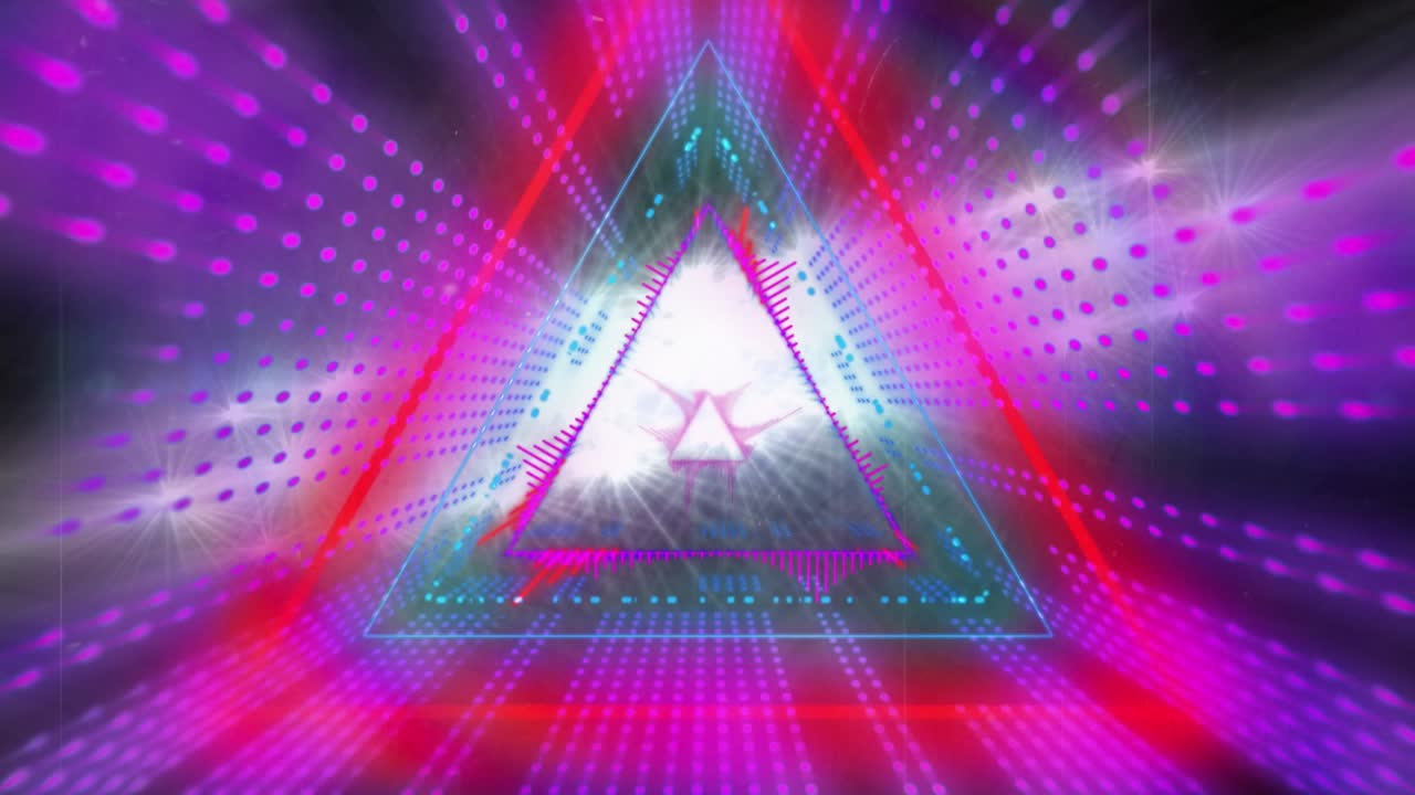 Animazione 3D di raggi neon astratti, colorati e con motivo triangolare che zoomano su uno stadio illuminato.