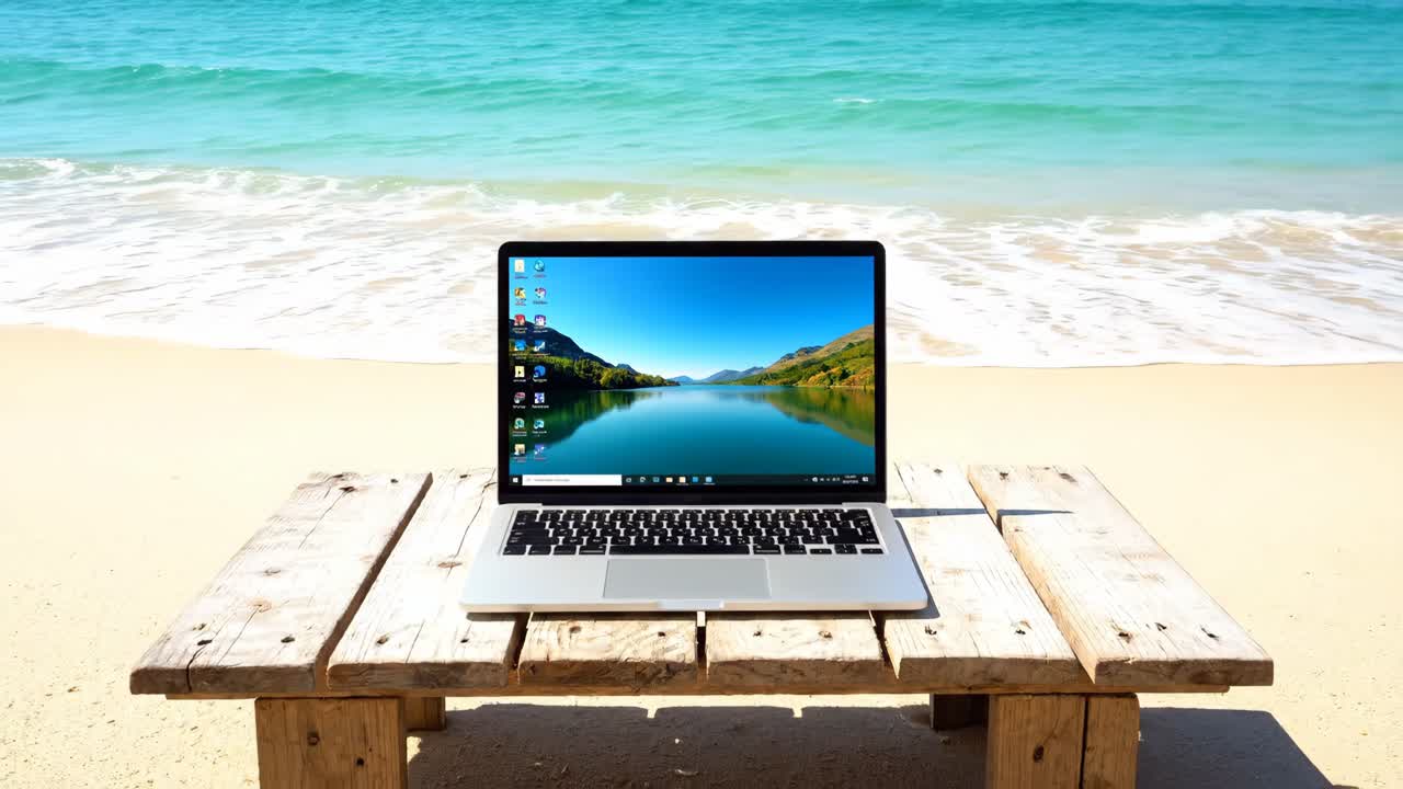 Laptop su un tavolo da spiaggia con vista sull'oceano