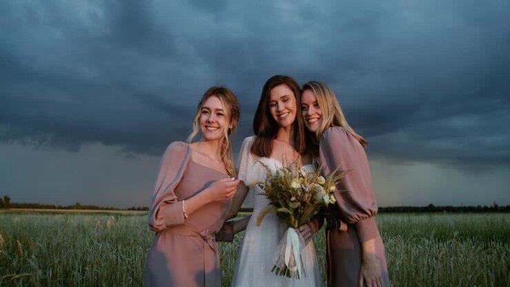 Bride posing with her bridesmaids