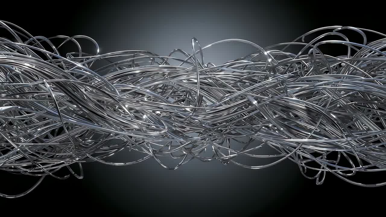 Shifting silver metal wires coiling into ribbon shape in digital lab, triggered by animation start
