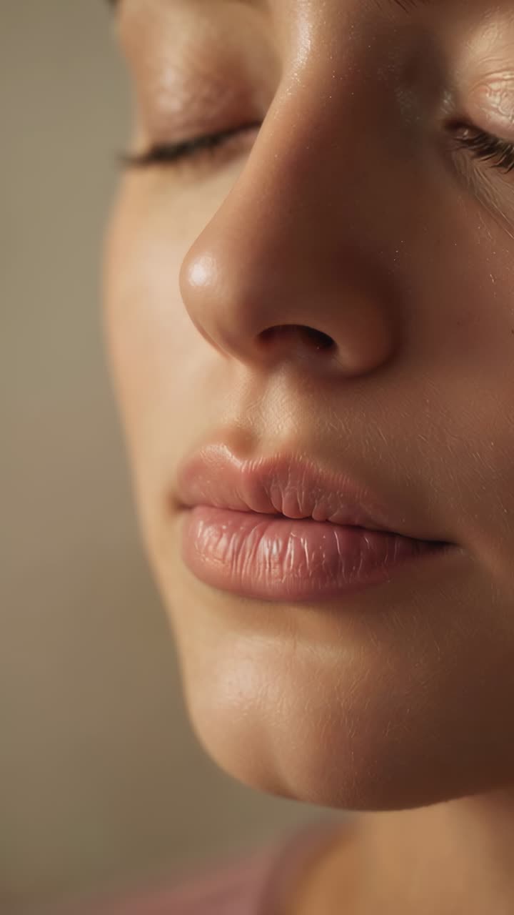 Vertical video: Panning camera showing woman breathing in studio to show face, with lips, pink top