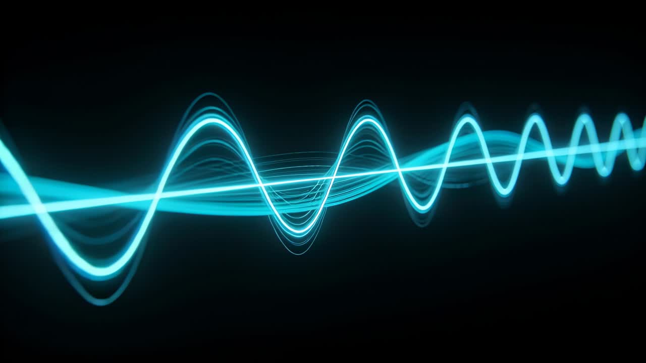 Glowing cyan waveform flowing right on black void, layered traces emerging from left showing audio