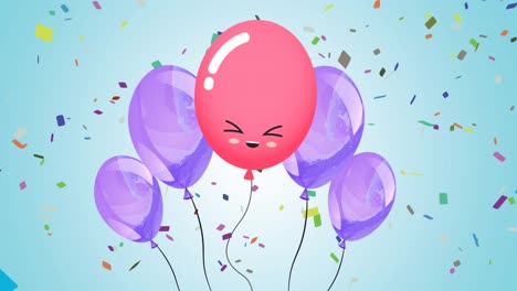 Animation-of-pink-and-purple-balloons-with-confetti-on-blue-background