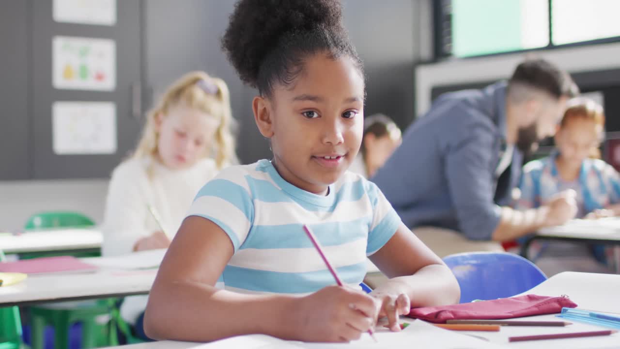 Portrait of african american schoolgirl with diverse schoolchildren in school classroom