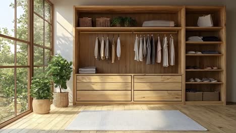 modern wooden wardrobe and closet with natural light