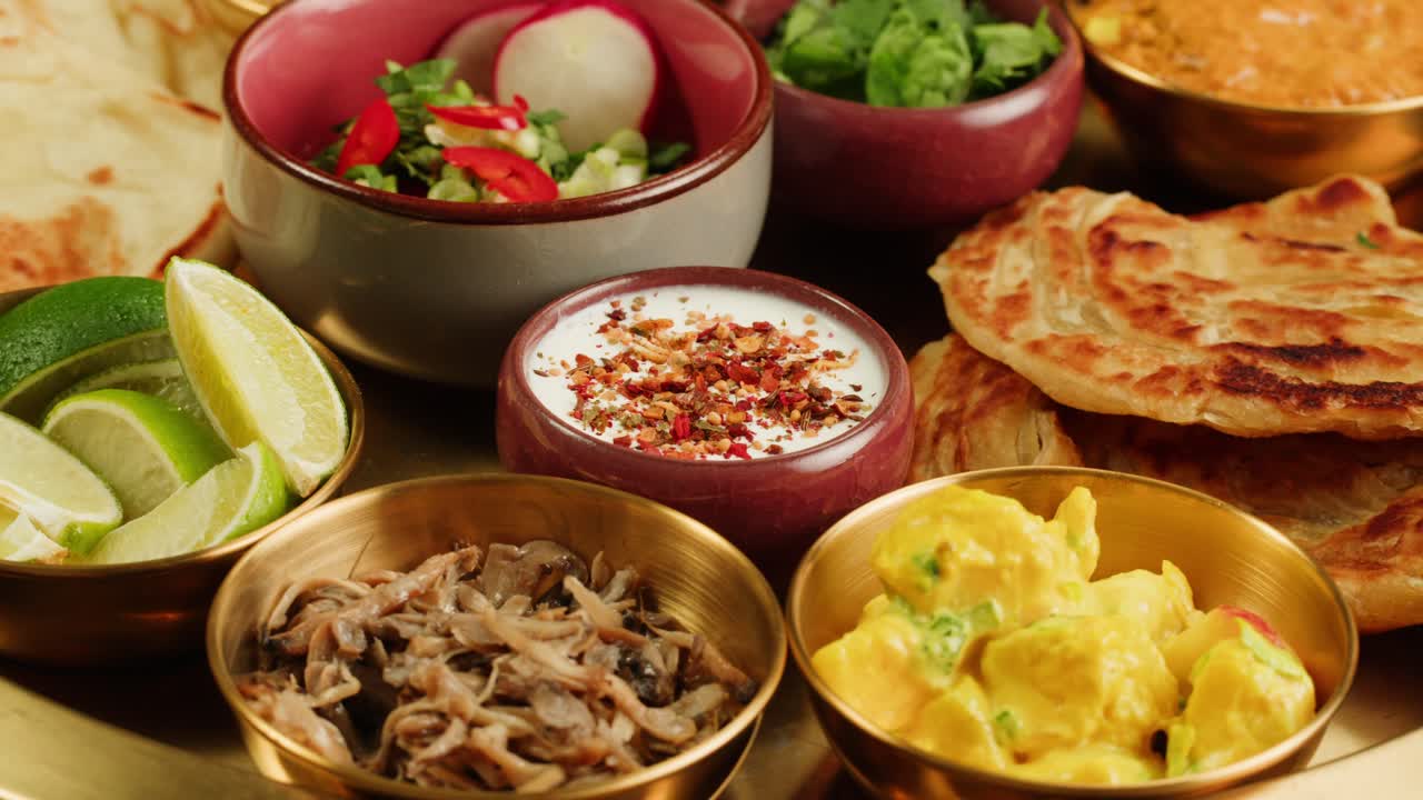 Assorted indian sri-lanka food set on wooden background. Dishes and appetisers of indeed cuisine, rice, lentils, paneer, samosa, spices, masala. Bowls and plates with indian food top view chicken. High quality 4k footage