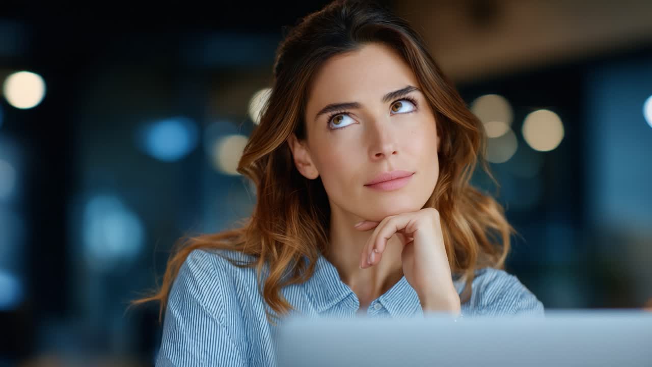 Una donna pensierosa riflette profondamente in uno spazio di lavoro moderno, cogliendo momenti di introspezione e curiosità davanti a uno schermo di laptop.