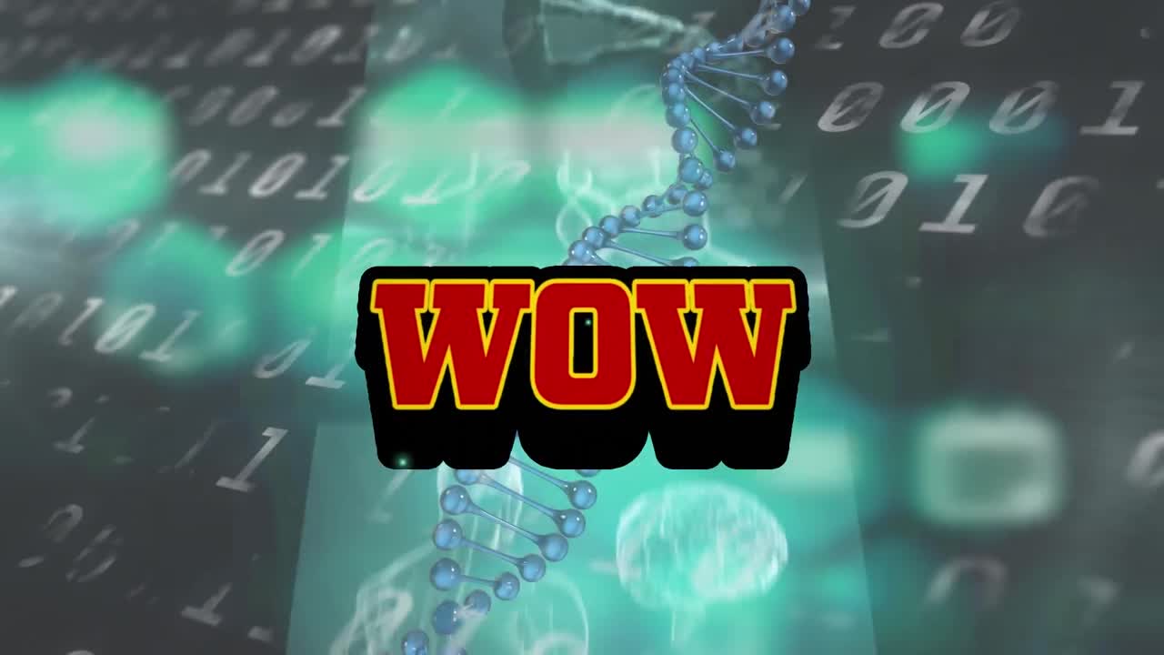 Wow text banner and screens with medical data processing against spinning dna structure