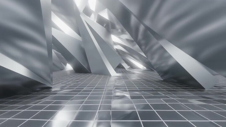 Abstrakt geometrisk metalkorridor med reflekterende overflader