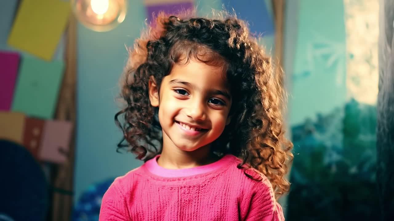 retrato de una niña feliz con el cabello rizado
