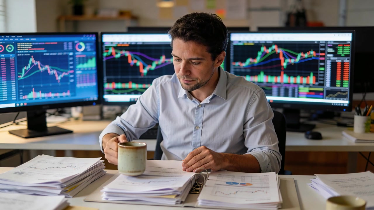 Sollevando una tazza, sorseggiando, un trader con camicia blu e maniche arrotolate in ufficio che esamina un raccoglitore, confrontando i dati.