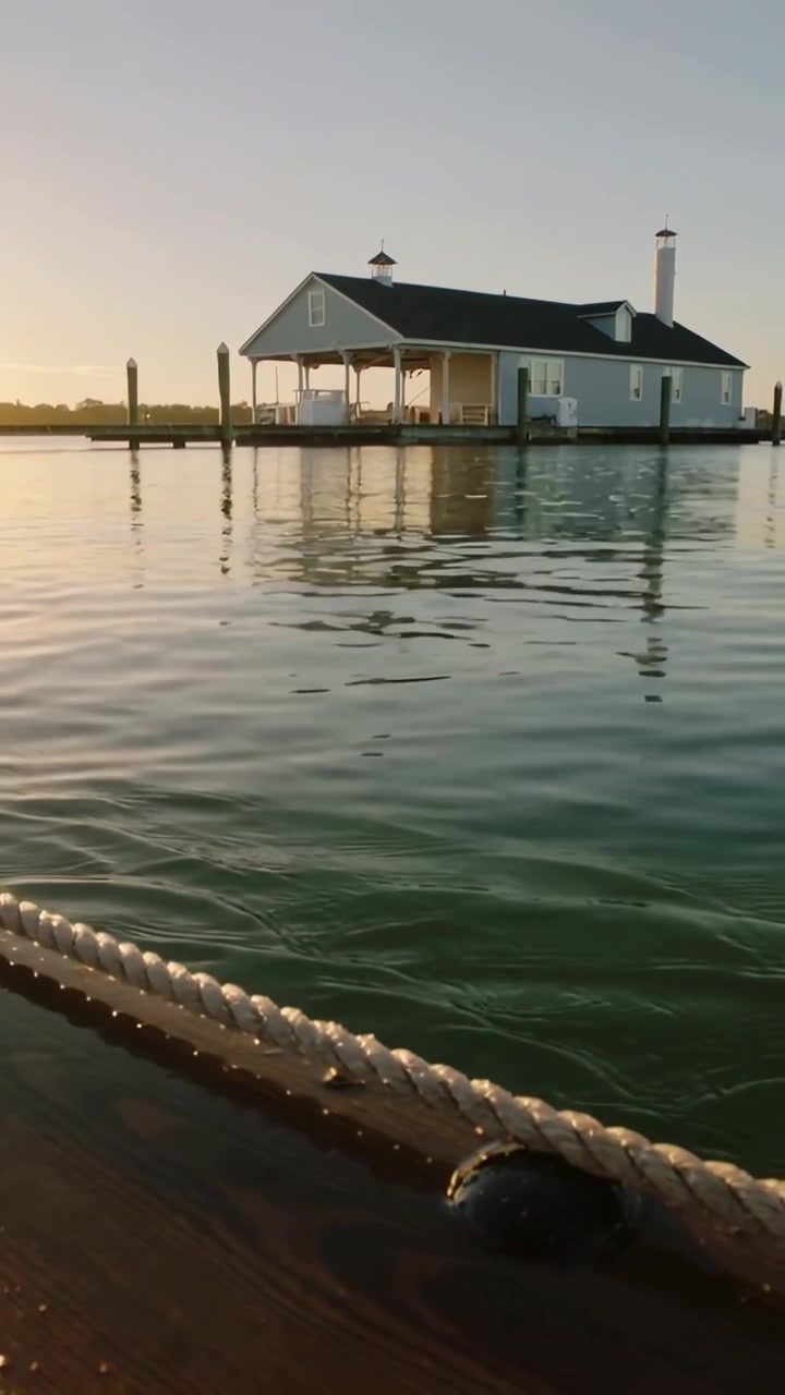 Vertical video: Breaking wake hitting rope and cleat in harbor, revealing boathouse on pilings