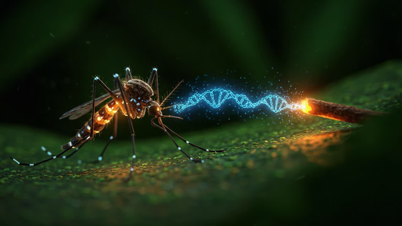 A Close-Up Exploration of a Mosquito Interacting with DNA in a Lush Environment: Discovering the Intricacies of Nature's Microbiology and Genetics