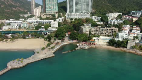 Empty-public-beach-in-Hong-Kong-due-to-Covid19-lockdown-guidelines,-Aerial-view