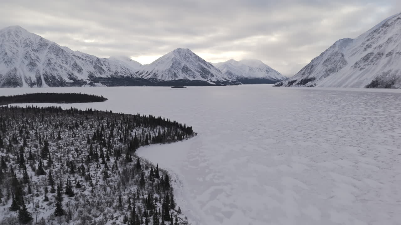 Winter Scene Of Kathleen Lake Within Kluane National Park And Reserve In Yukon, Canada. Aerial Drone Shot
