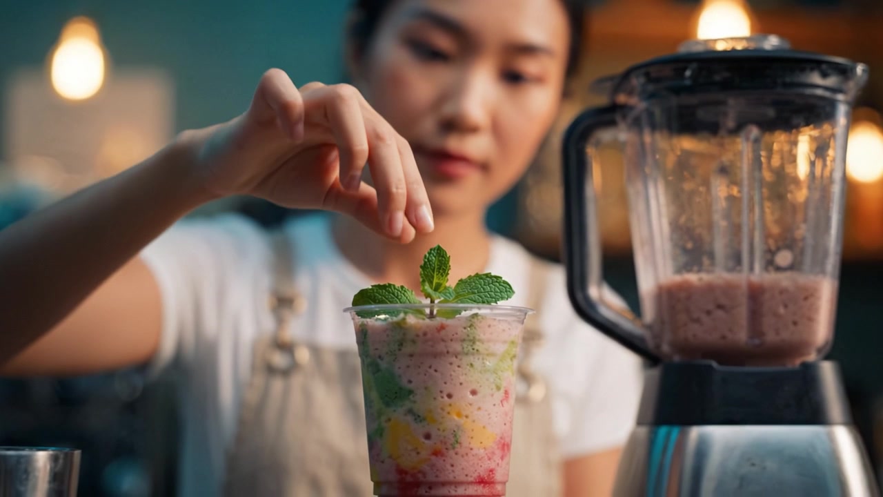 Una donna guarnisce abilmente un frullato colorato con foglie di menta fresca, mostrando l'arte della preparazione di bevande in un vivace ambiente di cucina.