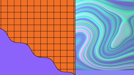 animación de cuadrícula naranja y onda púrpura sobre remolino azul, rosa y púrpura
