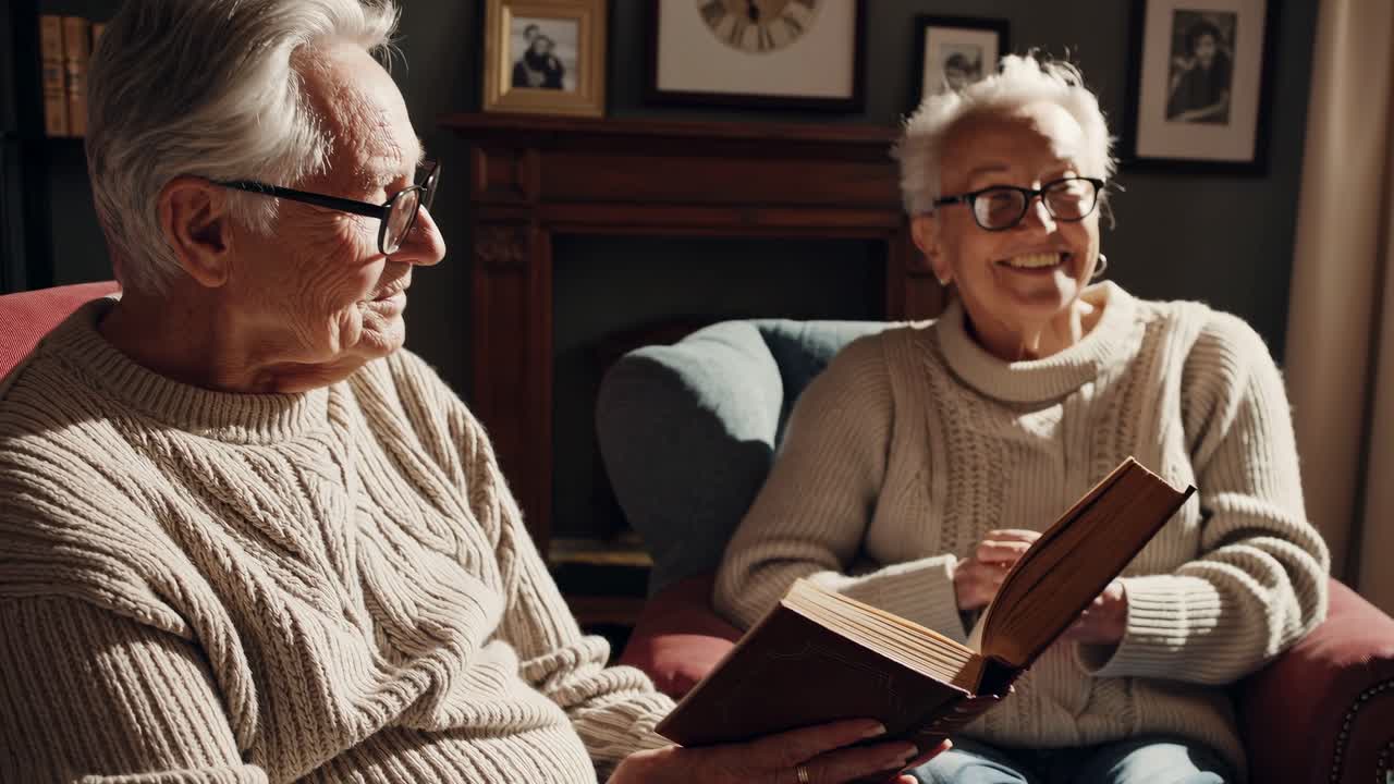Coppia anziana felice che legge un libro insieme in un accogliente soggiorno.