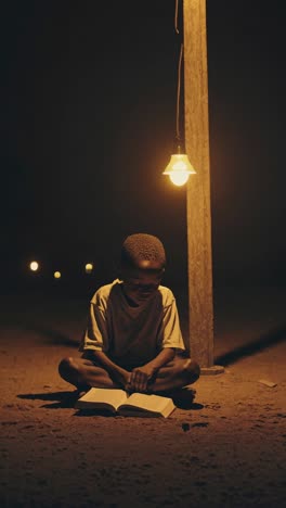 focused african student reading book intently while sitting ground beneath solar powered street lamp, illuminating study session and embodying educational determination after dark