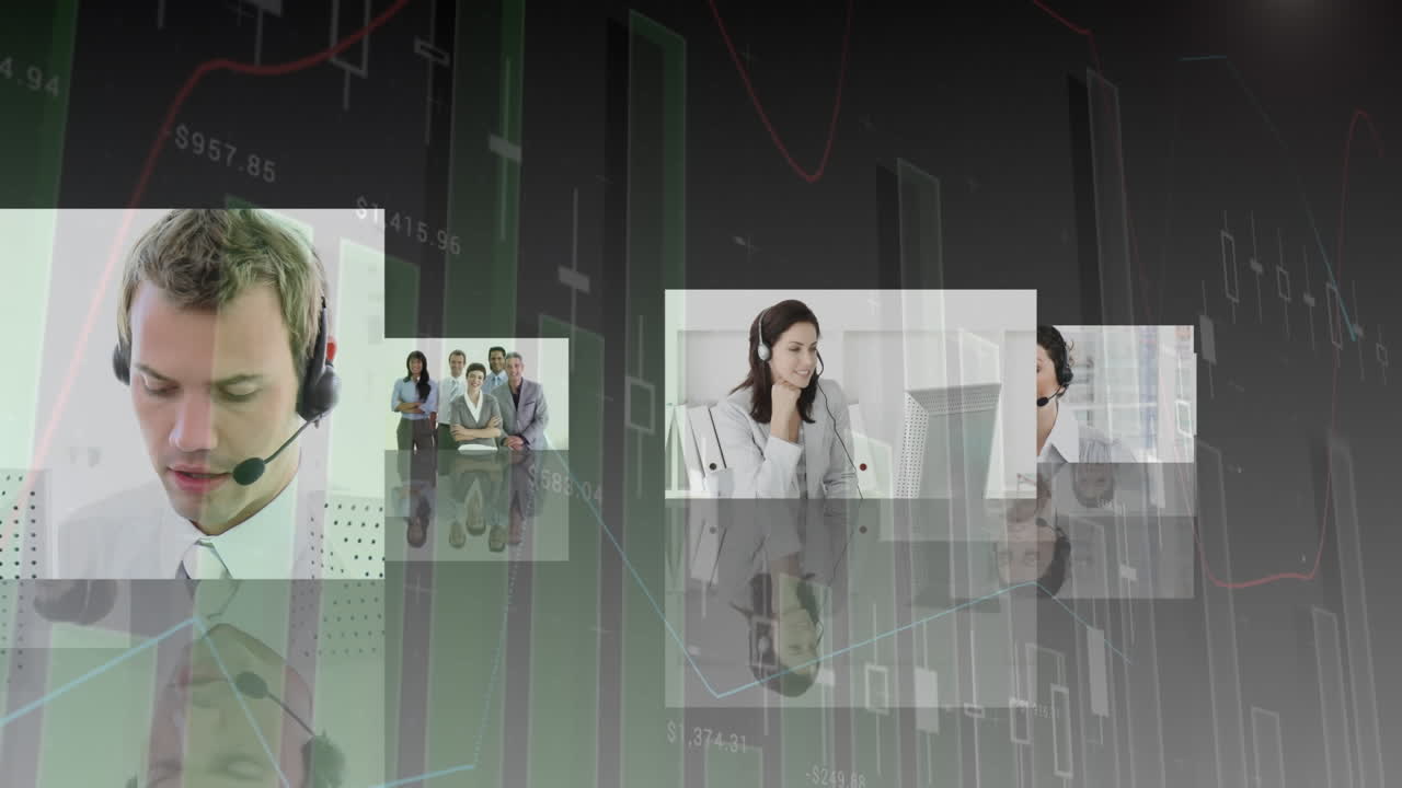 휴대폰 헤드 ⁇ 을 착용한 사업가들에 대한 통계 및 데이터 처리 애니메이션