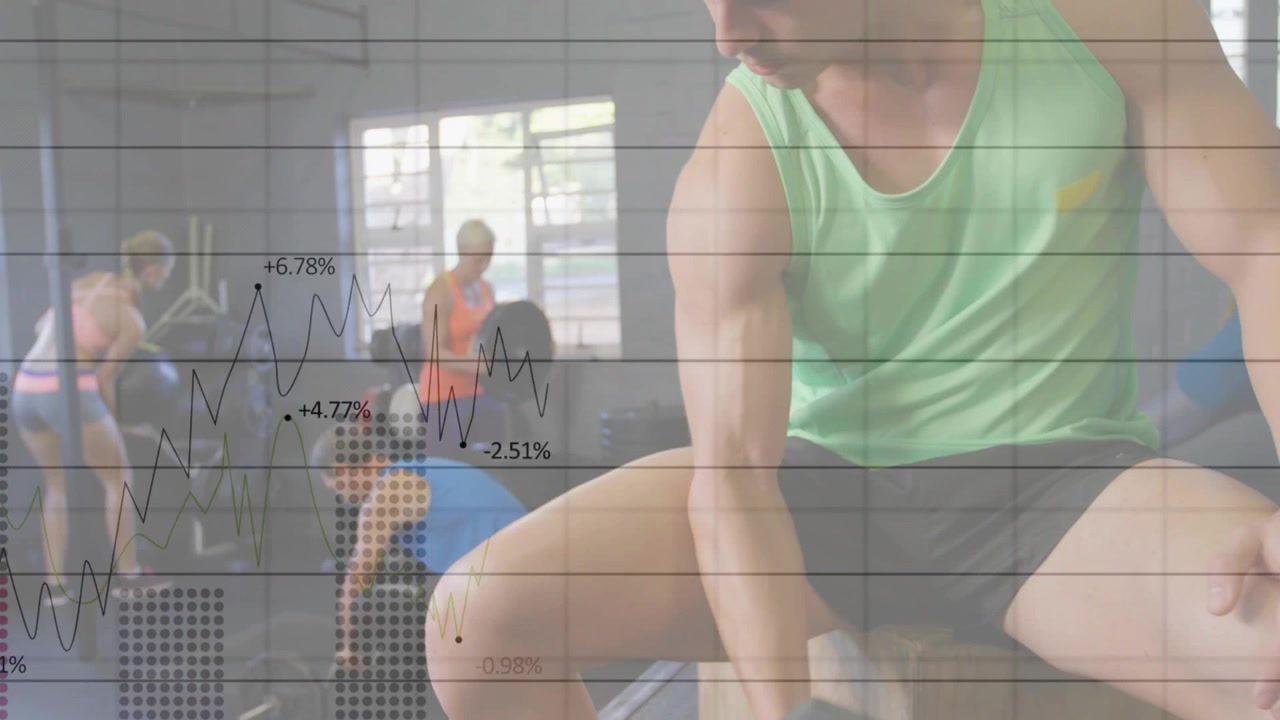 Homem mudando a pegada e levantando haltere hexagonal, fazendo roscas para fitness enquanto sobreposição de dados aparece