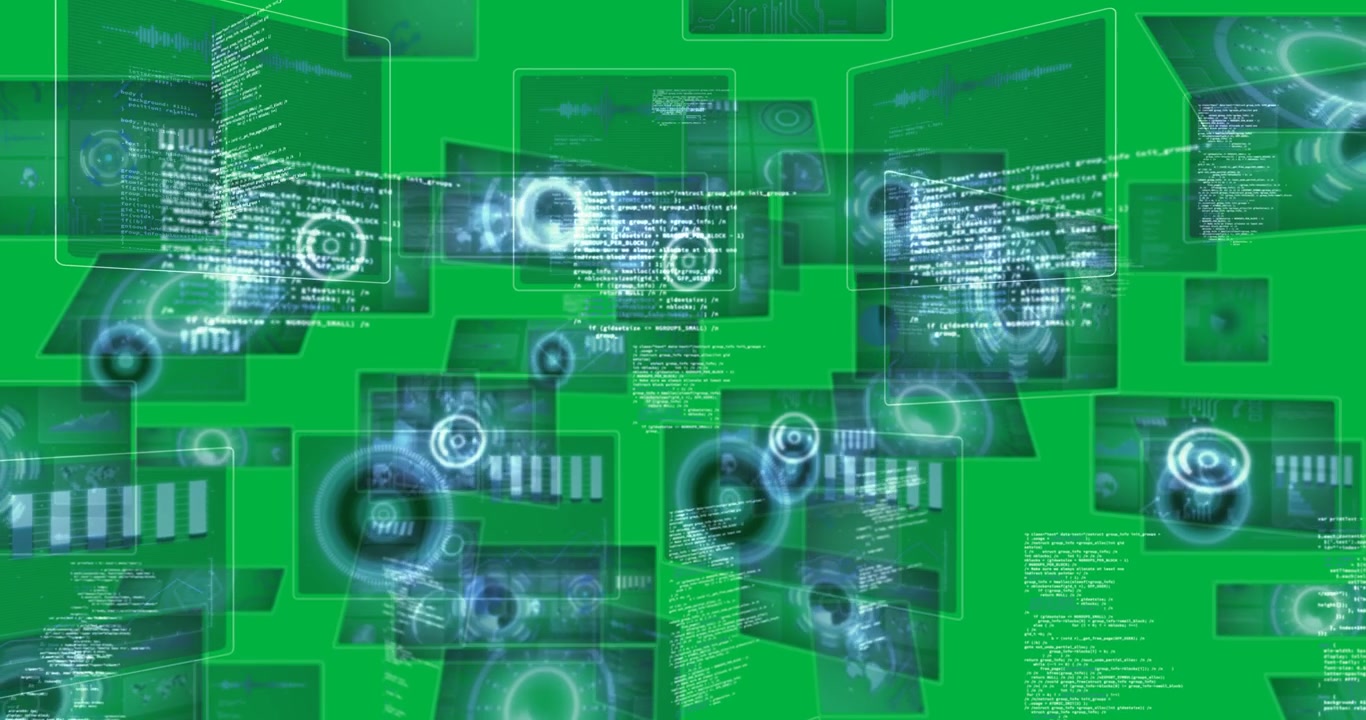 Animation of scope scanning and data processing on screens on transparent background