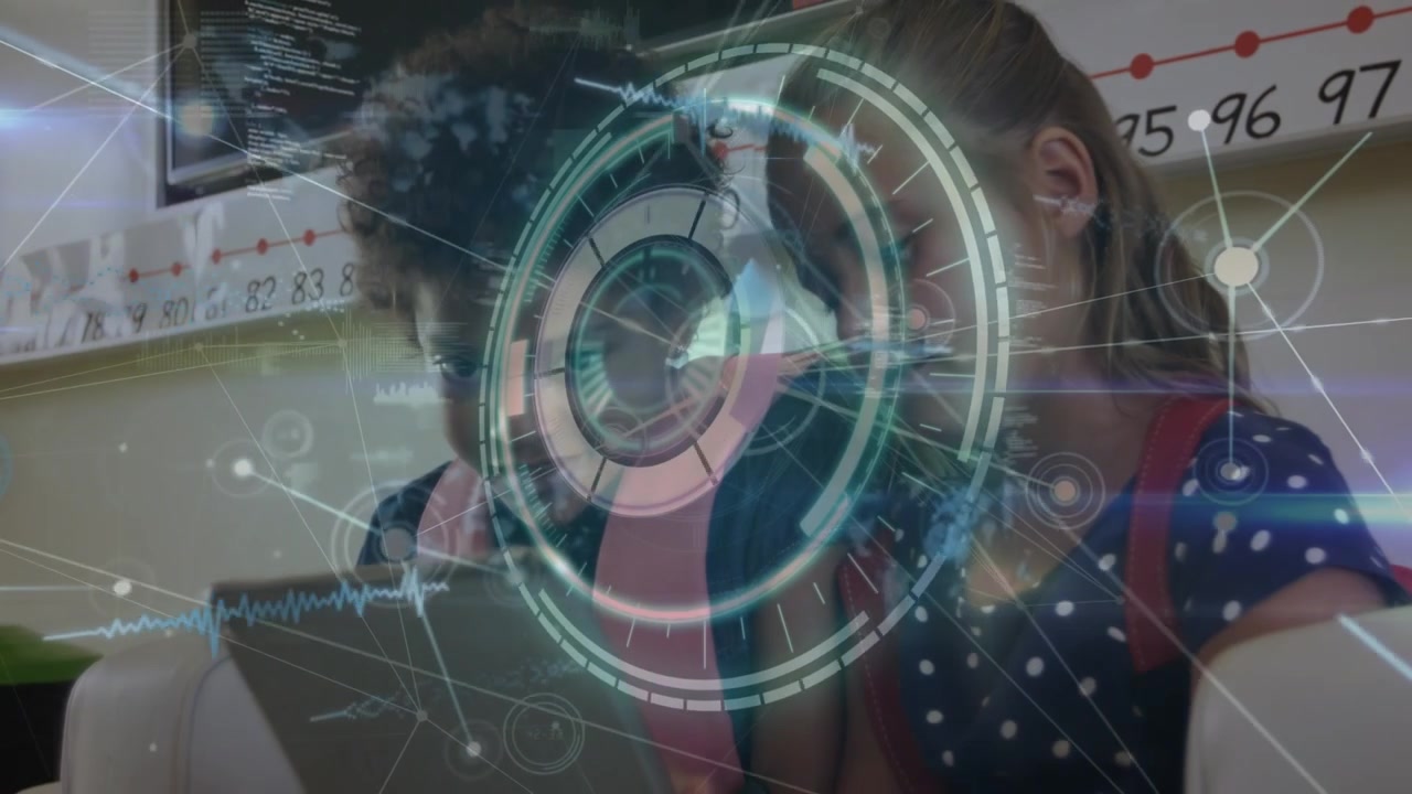 Animation of processing circle and connections over diverse pupils with tablet
