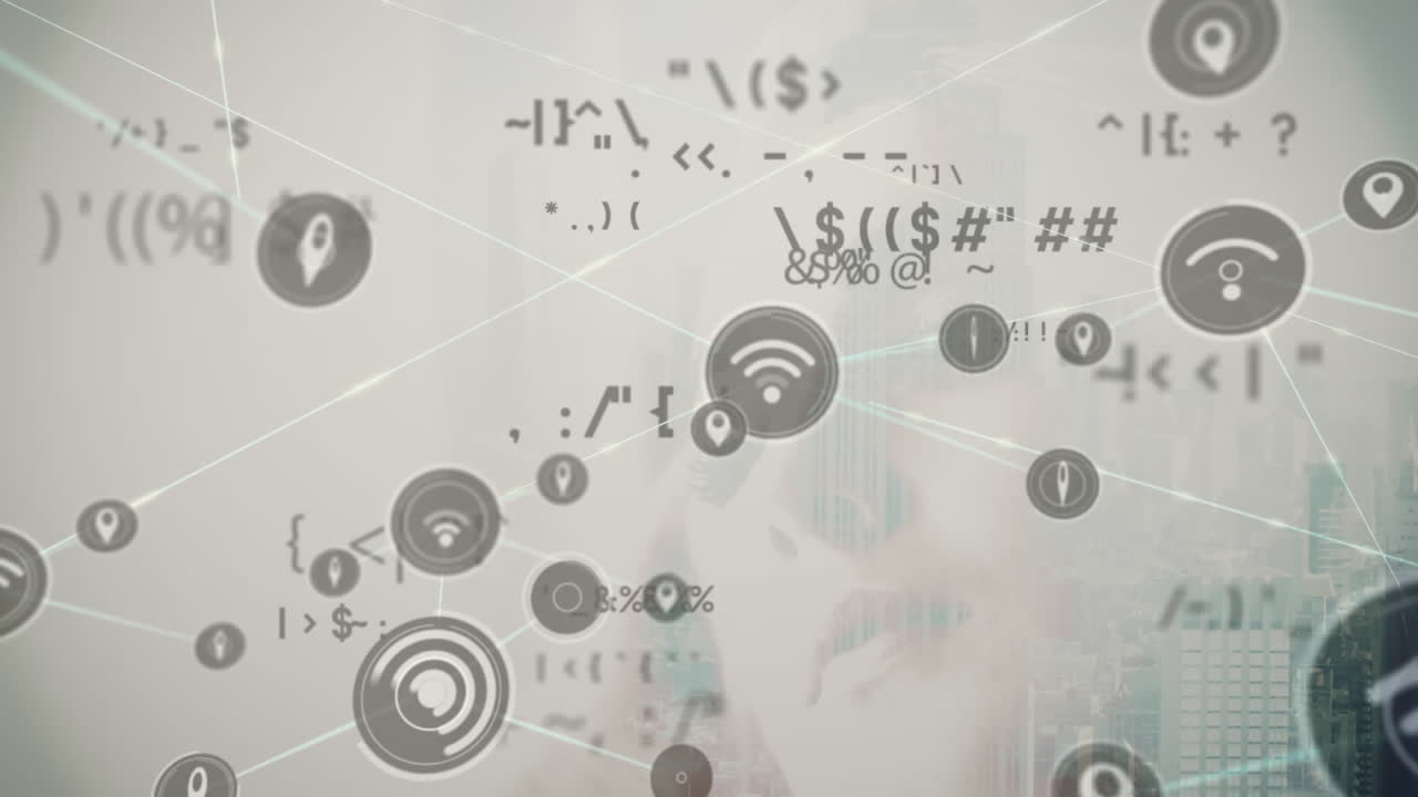 도시 풍경에 대한 연결 네트워크와 데이터 처리의 애니메이션