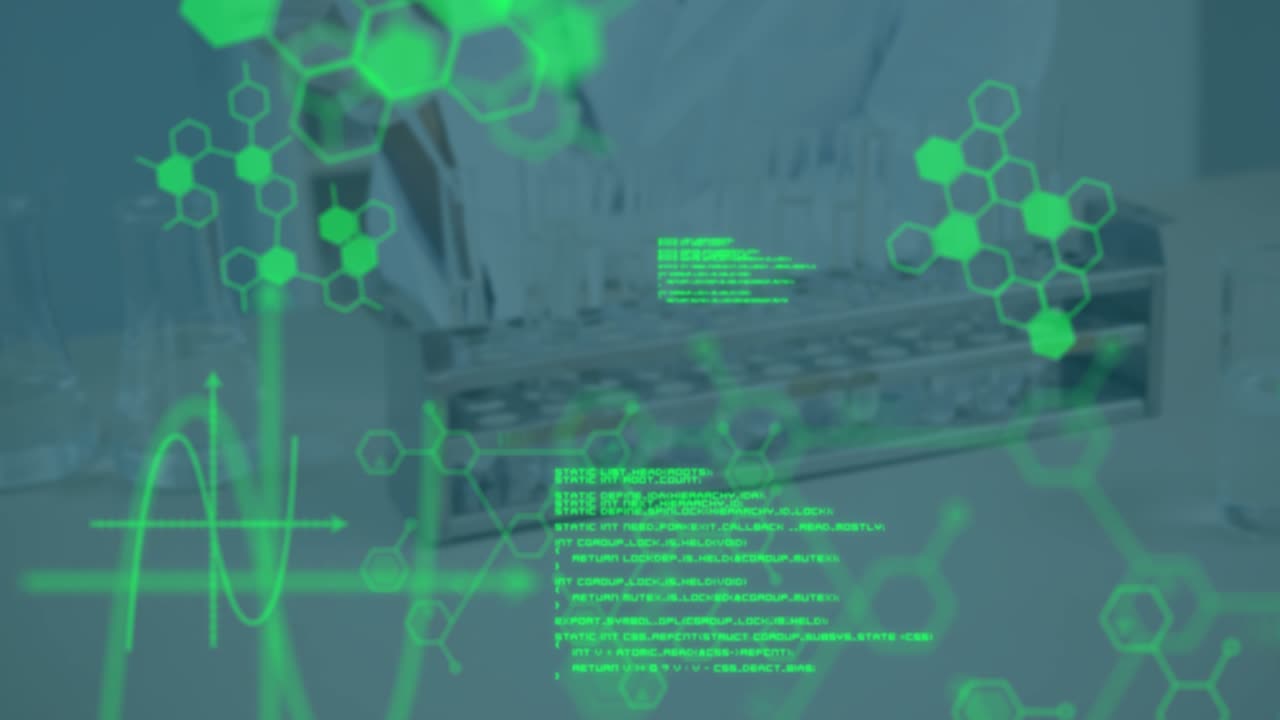 Animation of data processing and chemical formula over caucasian female scientist
