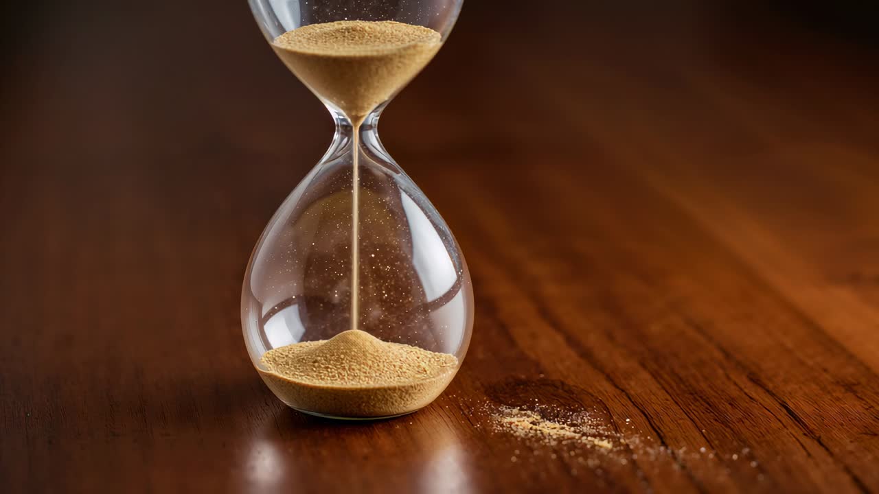 Sequence starting, glass hourglass pouring golden sand through neck on wooden table, spill growing