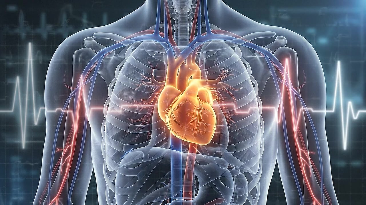 Glowing heart highlighted inside transparent chest and circulatory system