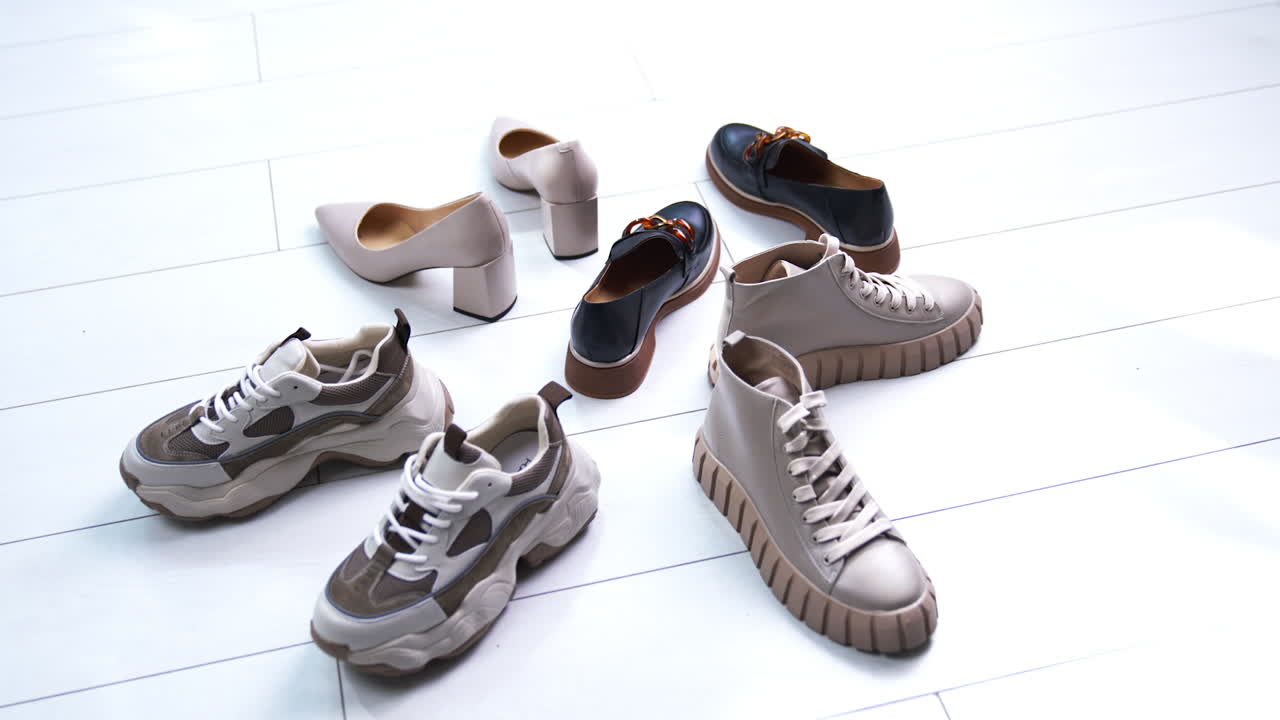 Diverse footwear put in circle on the white floor. Modern fashionable shoes for different occasions. Close up.