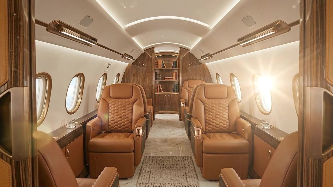 Interno di lussuoso aereo privato che mostra il design di una cabina premium per viaggi d'affari