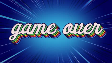 animación de un juego retro sobre texto de arco iris sobre múltiples rayas azules en el fondo
