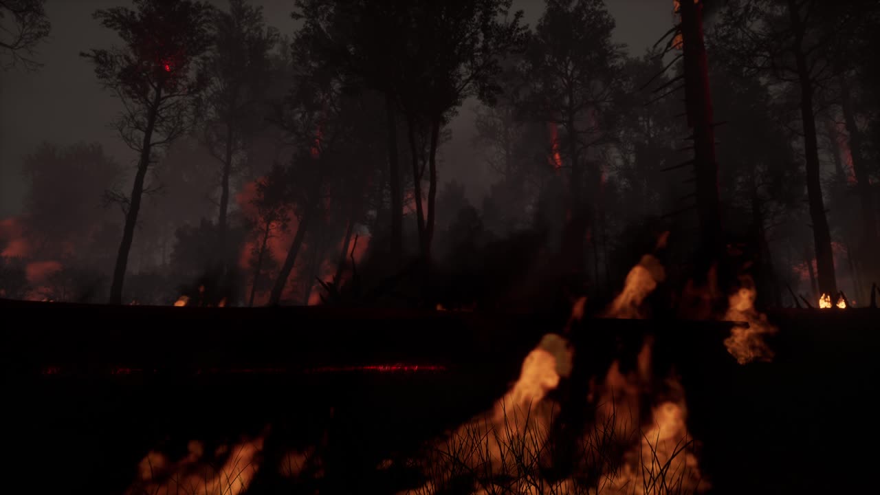 Incendio boschivo in una foresta oscura con fiamme a terra