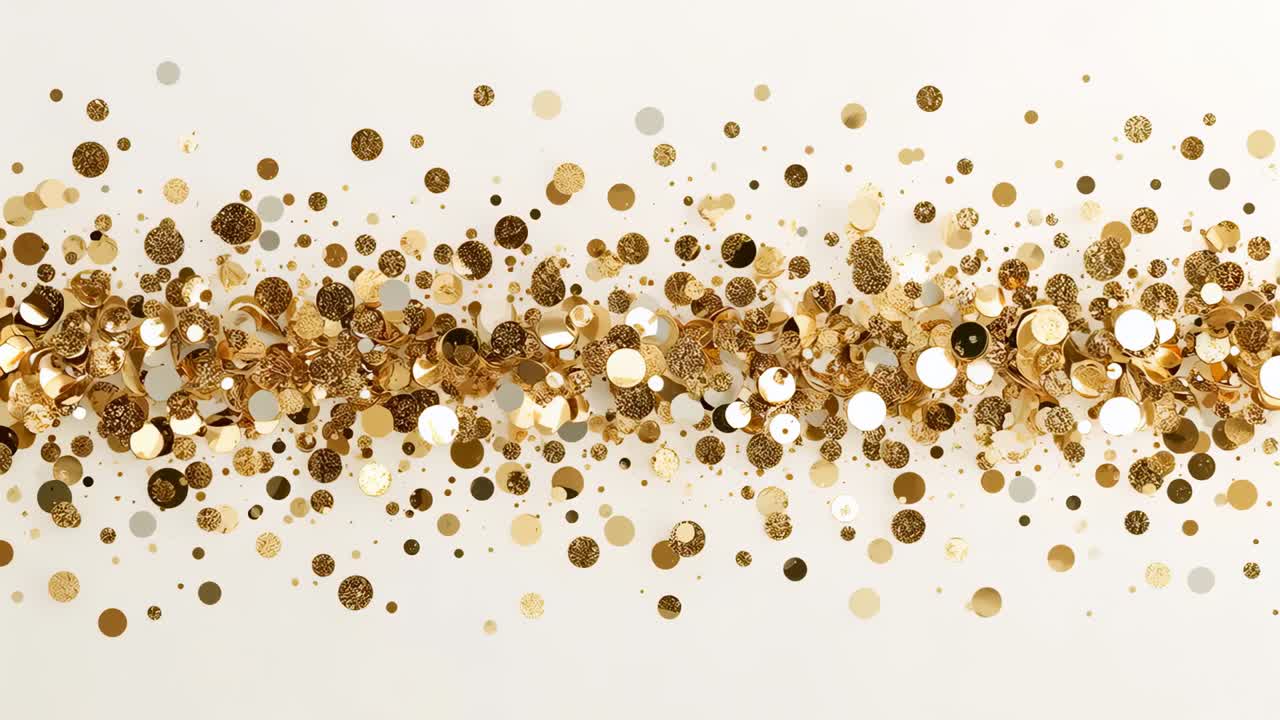 Nastro di coriandoli dorati che ondeggia al ritmo di una brezza leggera su uno sfondo chiaro, spargendo paillettes