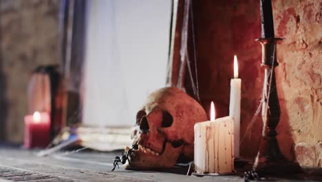 video of stack of books, frame with spider web, skull and candles on brick wall background