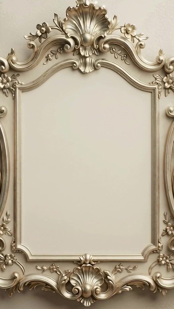 Vertical video: Moving camera revealing ornate gilded frame on neutral wall, focusing top shell