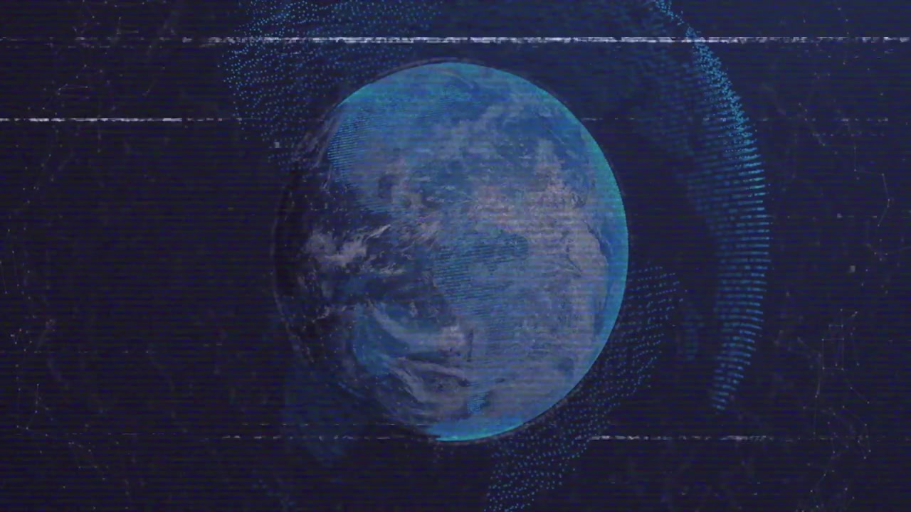 Dark void starting digital globe showing with rotating mesh ring scanning glitch lines for analysis