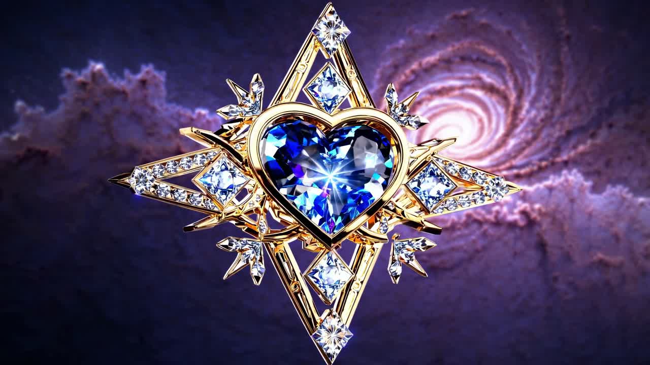 Golden pendant featuring heart shaped alexandrite gemstone shines brightly against backdrop of swirling nebula, creating mesmerizing display of celestial beauty