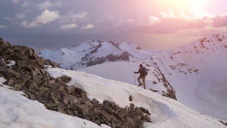 mountain hiking in winter sunrise