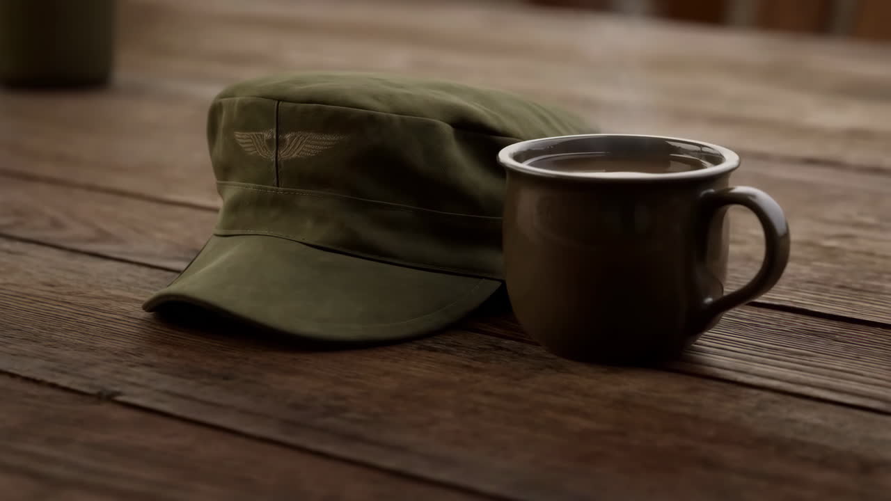 Military Cap and Steaming Mug on a Rustic Wooden Table