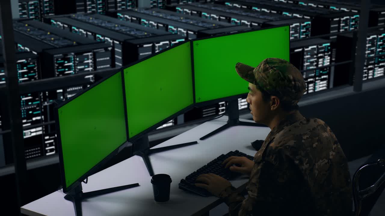 Side View Of Tired Asian Military Yawning While Working With Mock Up Multiple Computer Monitor In Data Center