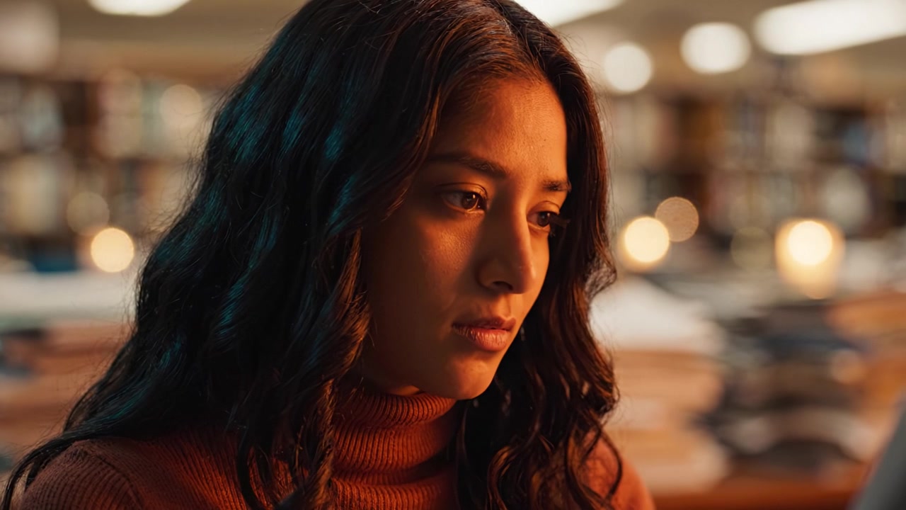 A young woman absorbed in thought within a serene library atmosphere, illuminated by warm lights, capturing an intimate moment of reflection and contemplation.