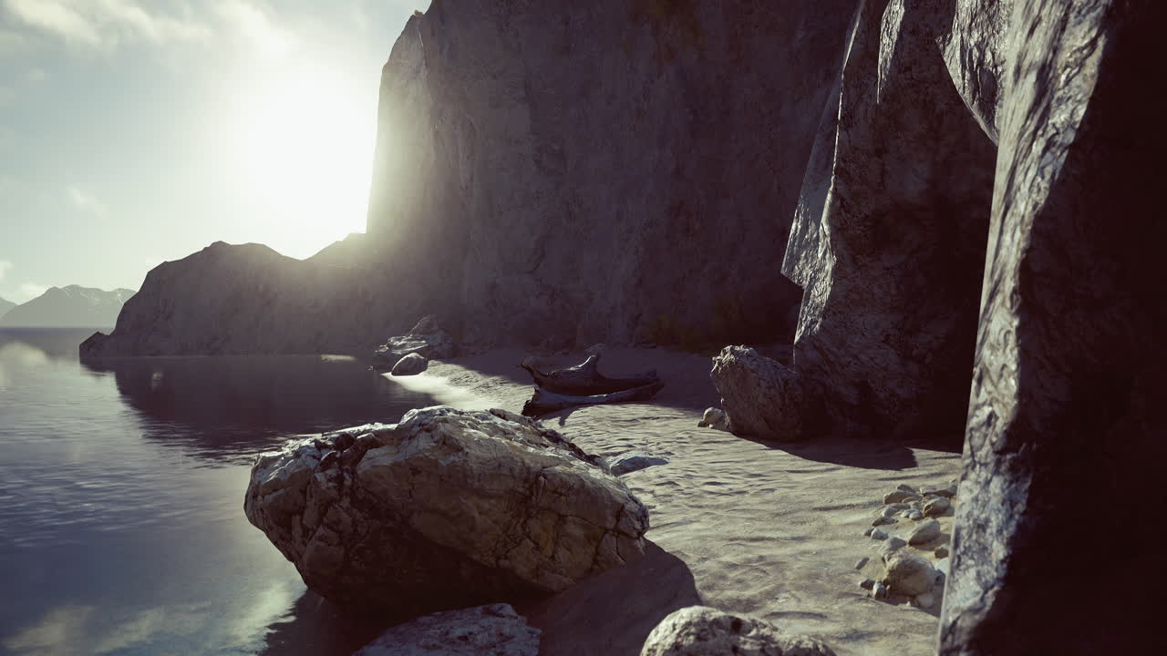 Serene coastal landscape at sunset with rocky shoreline and calm waters