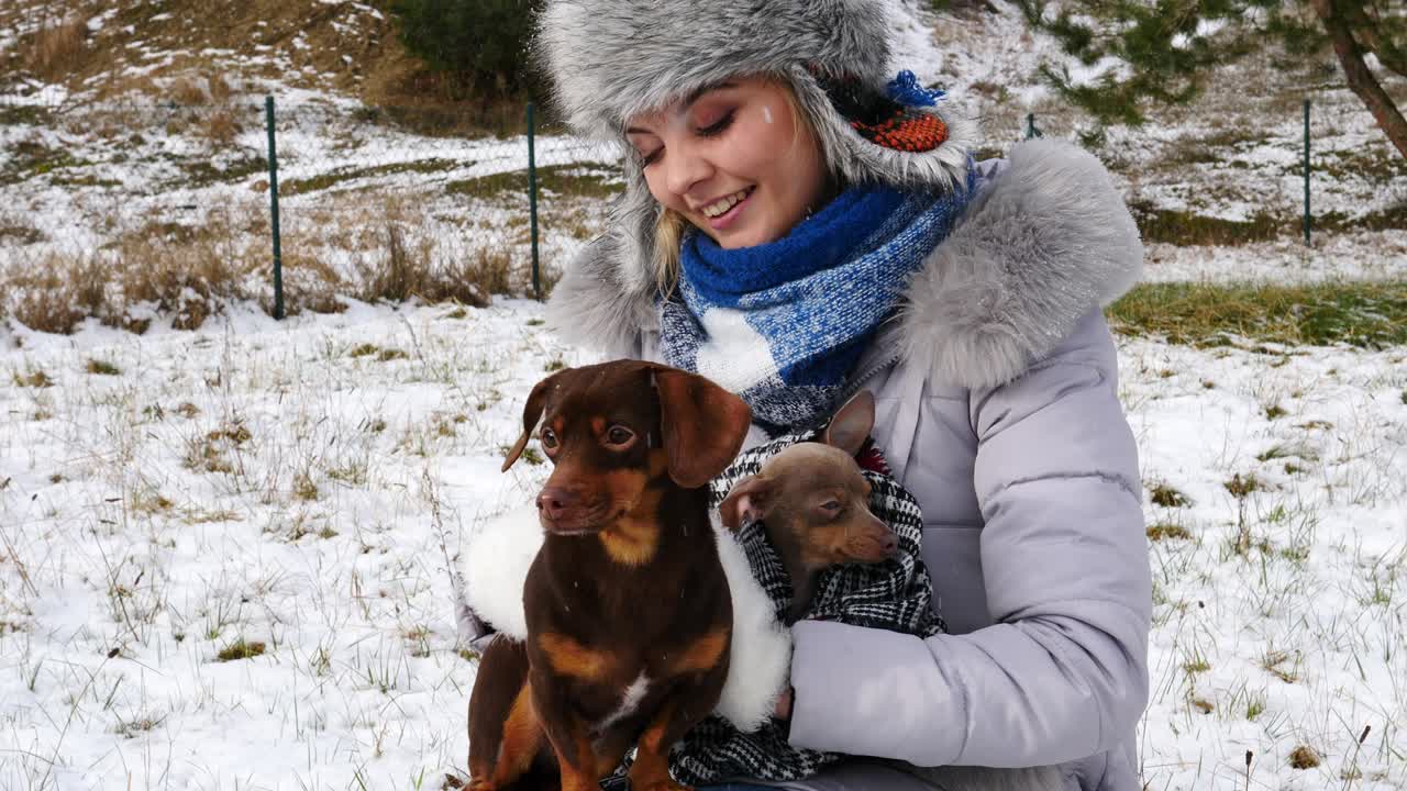 여자 는 겨울 밖 에서 작은 개 들 과 함께 놀고 있다