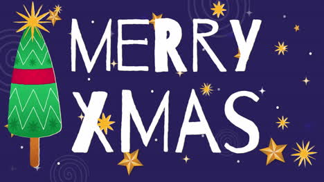 animación del texto de feliz navidad sobre el árbol de navidad y las estrellas