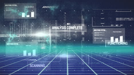 Animation of interface with data processing over grid network against blue background